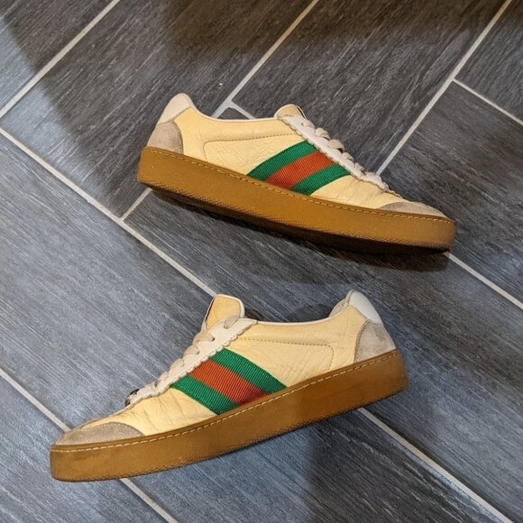 Gucci | Women's Yellow Leather Sneakers With Web G74 - Picture 3 of 16